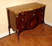 French Oriental Motif Marquetry Empire Revival  Marble Top Chest